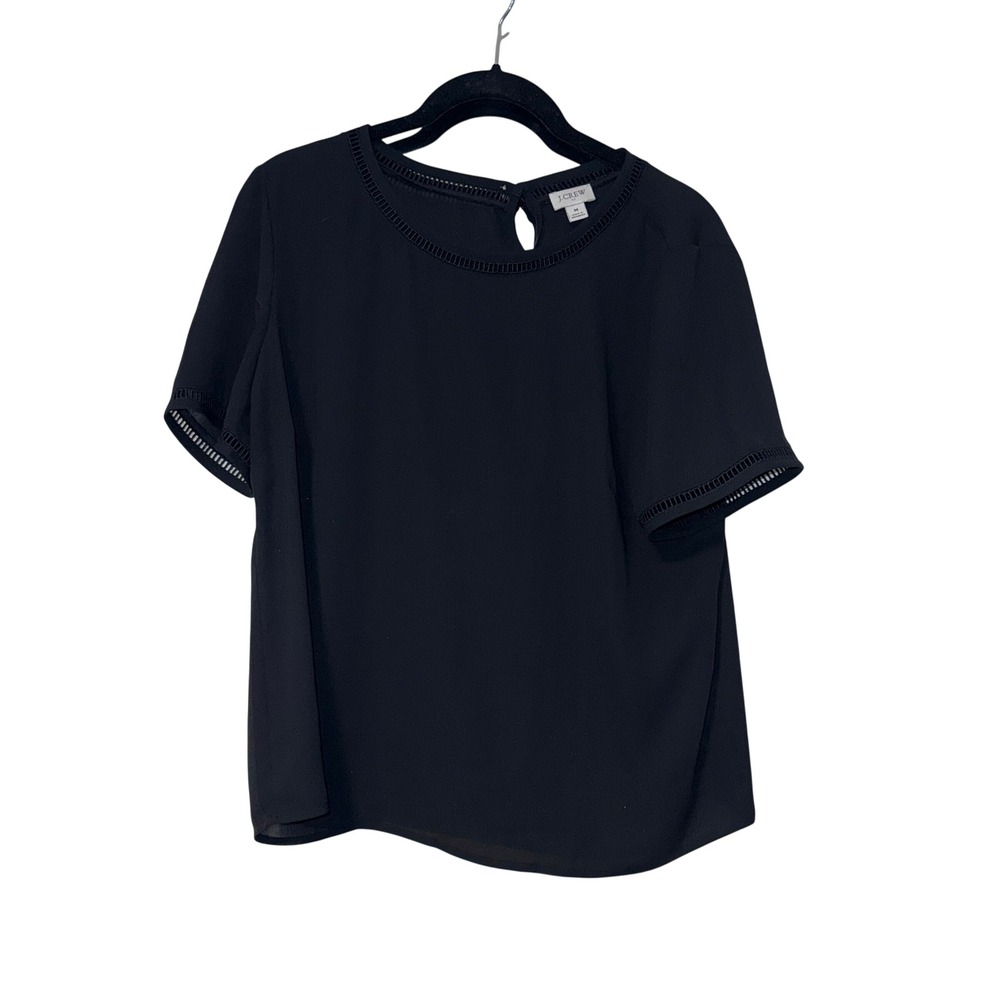 J.Crew Short Sleeve Blouse Womens M Black Polyester Ladder Stitch Trim